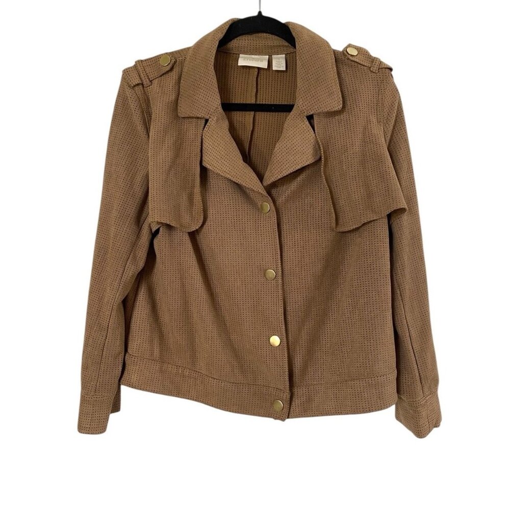 Chico's Faux Suede Perforated Lazer Cut Jacket Snap Front Size 1 US 8 Camel Tan